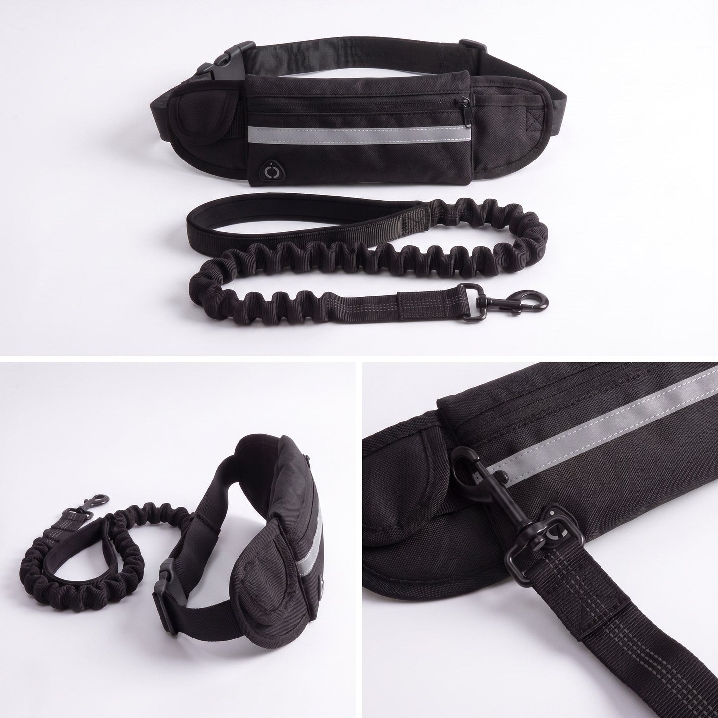 Slate black belt details: reflective strip, zip pocket and bolt-snap clip