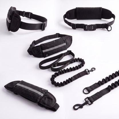 Slate black Wiggle Belt from multiple angles with the bungee leash and bolt-snap clip