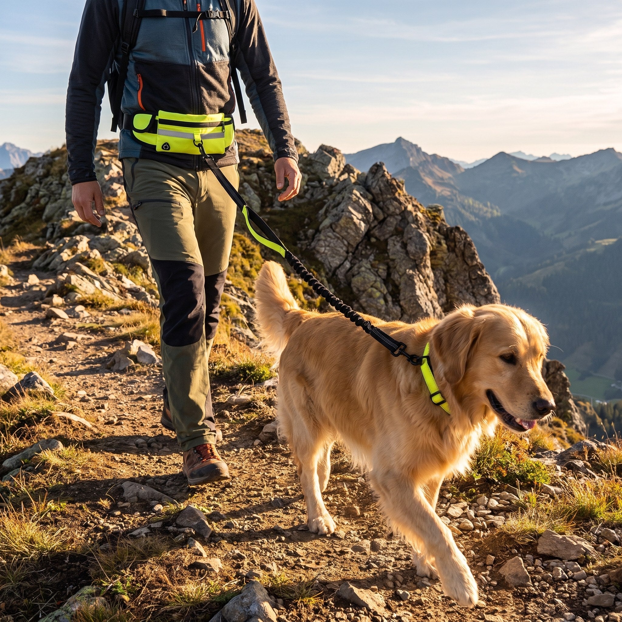Hiker on a mountain ridge with a golden retriever on the hands-free belt