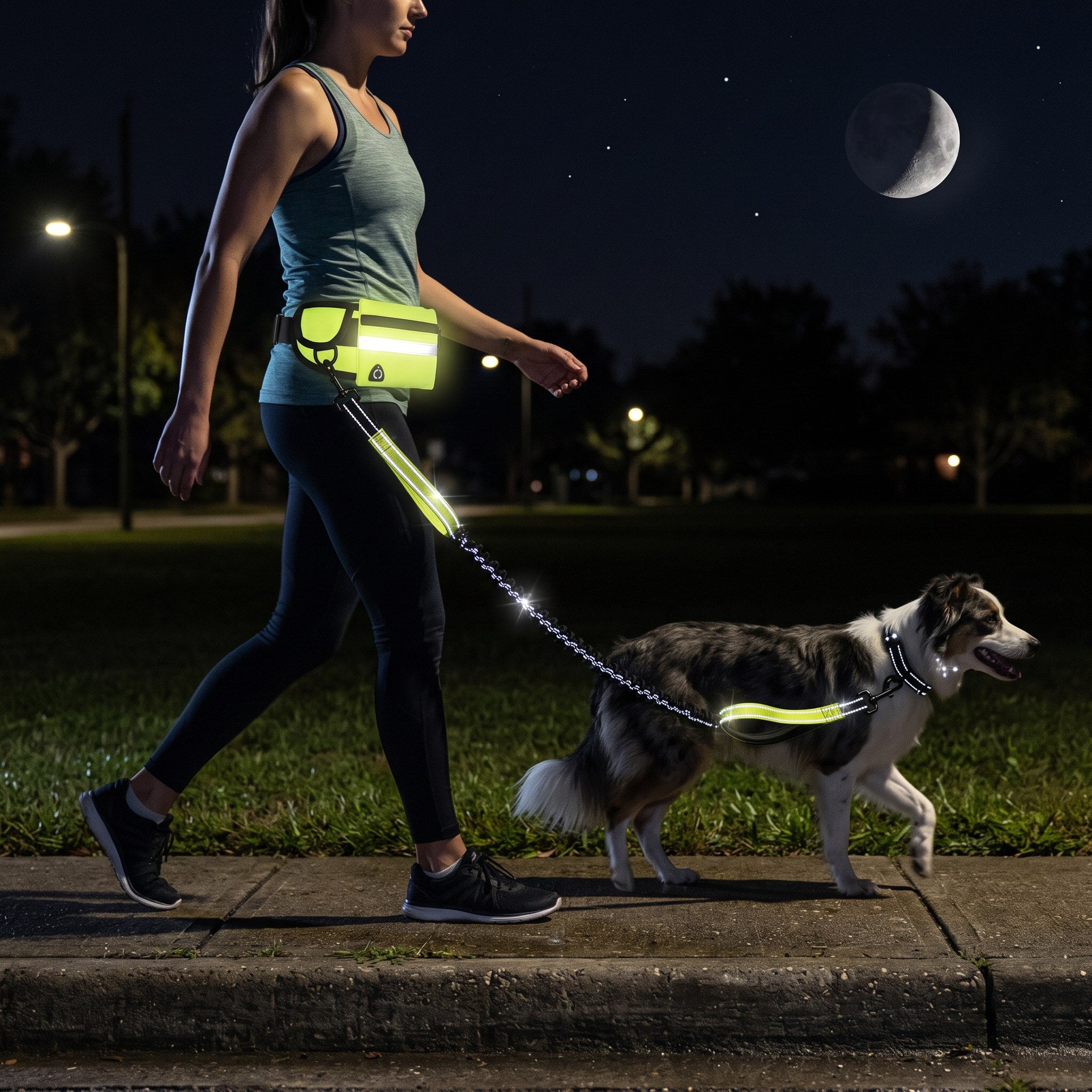 Night walk with the reflective stitching on the belt and leash lit up under street lights