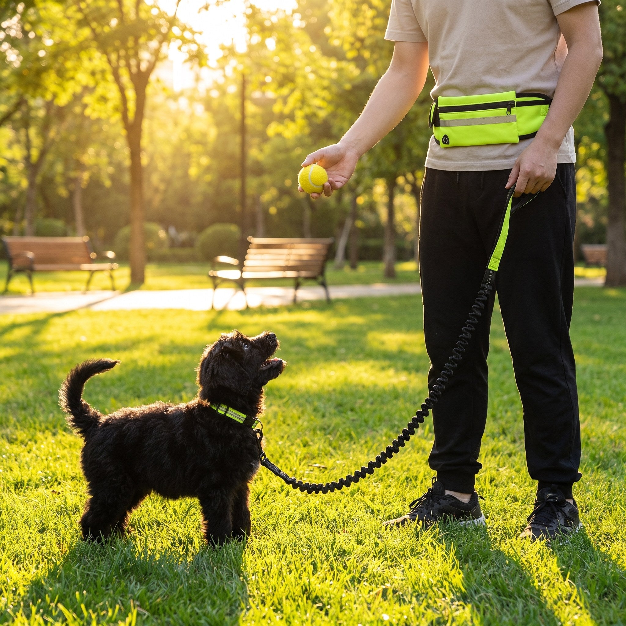Training a puppy in the park with both hands free to hold a ball