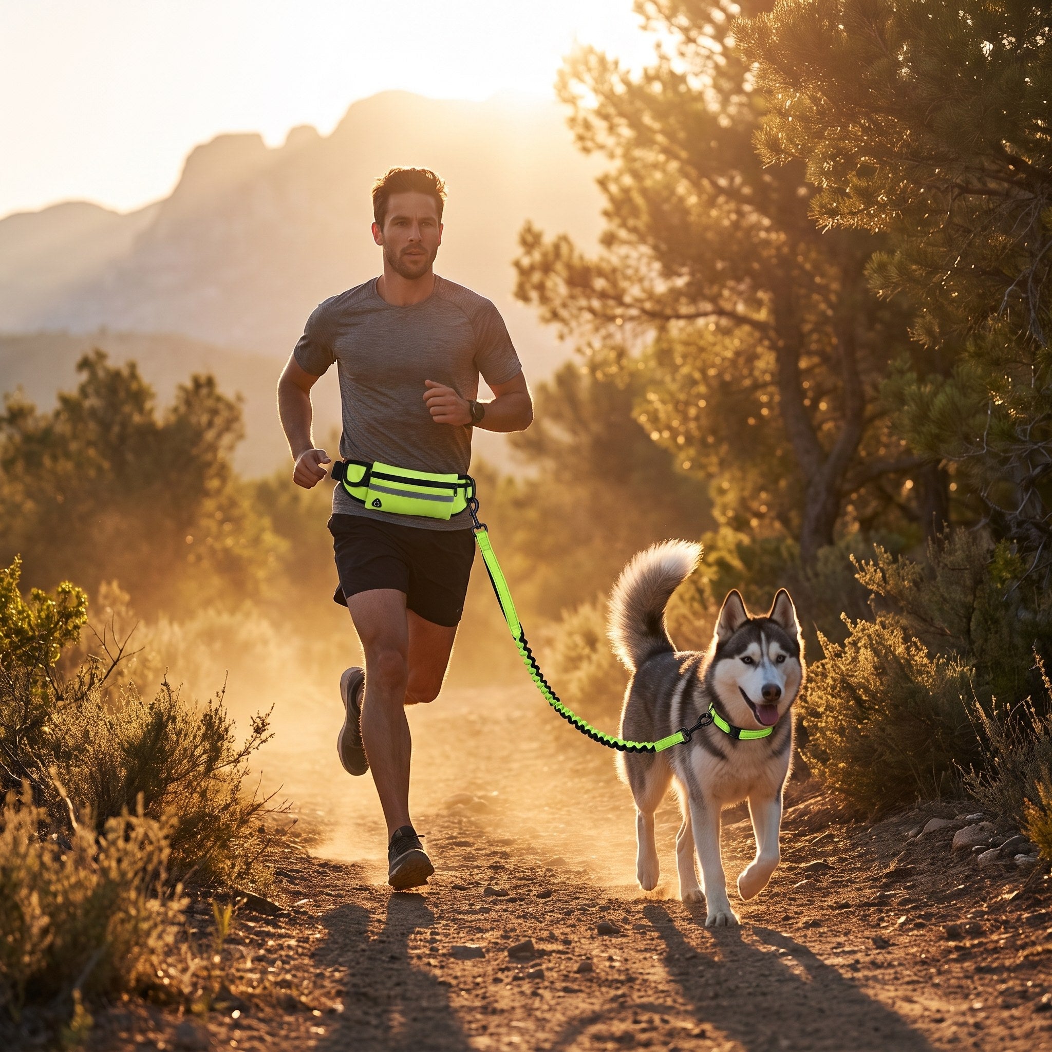 Runner on a trail at sunrise with a husky clipped to the hi-vis lime bungee leash